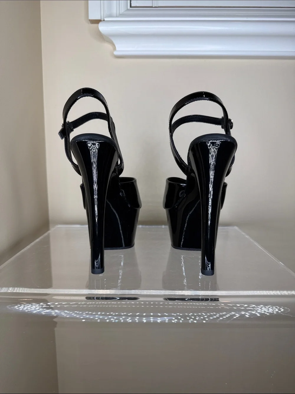 Pleaser Black Patent Platform Peep-Toe Ankle Strap Heels